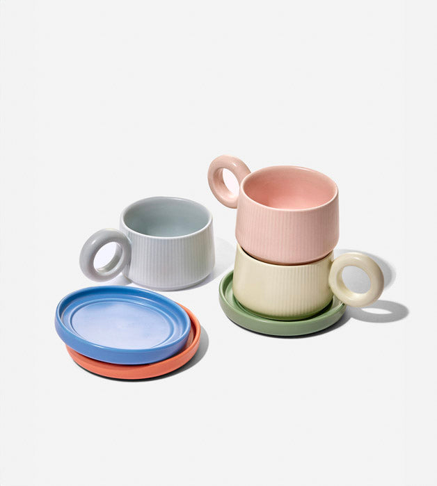 Loop Handle Ceramic Mug with Saucer - Pink