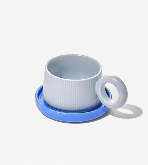 Loop Handle Ceramic Mug with Saucer - Blue